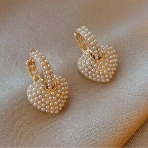 Gold plated and Pearl heart Huggie earrings